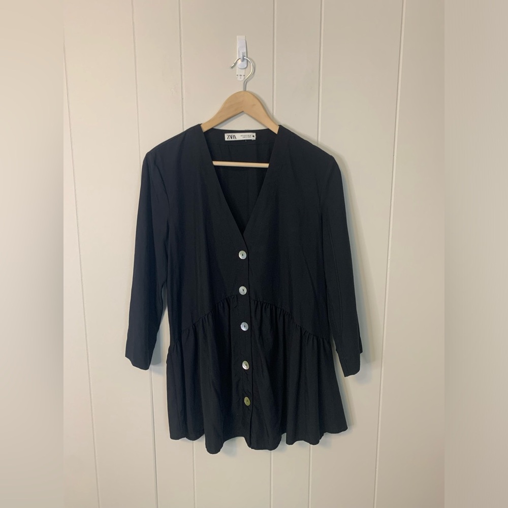 Zara Black Button Up Peplum Style Top Size Small